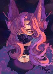 Rule 34 | 1girl, absurdres, alternate costume, artist name, black shirt, breasts, cleavage, floral print, headphones, highres, large breasts, league of legends, long hair, looking at viewer, mask, miela (mielaink), mouth mask, parted bangs, pink eyes, pink hair, red hair, shirt, solo, star (symbol), starry background, upper body, xayah