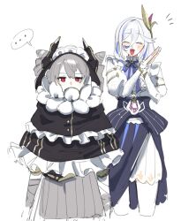 Rule 34 | ..., 2girls, :d, ^ ^, black capelet, blue hair, blush stickers, capelet, character request, closed eyes, cone hair bun, cropped legs, dress, frilled capelet, frills, grey dress, grey hair, hair between eyes, hair bun, hands up, highres, honkai (series), honkai impact 3rd, juliet sleeves, long sleeves, multicolored hair, multiple girls, open mouth, palms together, pantyhose, puffy sleeves, red eyes, shirt, sho 2nini, simple background, sketch, skirt, smile, spoken ellipsis, streaked hair, white background, white pantyhose, white shirt, white skirt