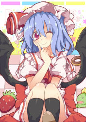 Rule 34 | 1girl, bat wings, blue hair, character name, dress, food, fruit, hat, hat ribbon, heart, highres, kan lee, looking at viewer, mob cap, one eye closed, pink dress, puffy short sleeves, puffy sleeves, red eyes, remilia scarlet, ribbon, short sleeves, sitting, smile, solo, strawberry, touhou, wings
