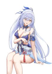 Rule 34 | 1girl, absurdres, alcohol, bare legs, bare shoulders, blue ribbon, blue sleeves, breasts, choko (cup), commentary request, cup, detached sleeves, hair ornament, hairpin, high ponytail, highres, holding, holding cup, honkai: star rail, honkai (series), jingliu (honkai: star rail), large breasts, long hair, looking at viewer, looking down, open mouth, ponytail, pouring, red eyes, red tassel, ribbon, simple background, sitting, skirt, solo, strapless, thighs, white background, white hair, white skirt, xinsaki