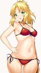 Rule 34 | 1girl, bad id, bad pixiv id, bikini, blonde hair, cowboy shot, fate/apocrypha, fate/grand order, fate (series), front-tie top, green eyes, hand on own hip, highres, looking at viewer, mordred (fate), mordred (fate/apocrypha), mordred (swimsuit rider) (fate), navel, ponytail, side-tie bikini bottom, simple background, standing, swimsuit, tear tear0320, white background