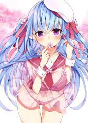 Rule 34 | 1girl, beret, blue hair, bow, bra, breasts, cameltoe, collarbone, commentary request, covered mouth, dress, flower, hair between eyes, hair bow, hat, holding, holding flower, leaning forward, long hair, looking at viewer, maki soutoki, medium breasts, navel, original, panties, pink flower, puffy short sleeves, puffy sleeves, purple bra, purple eyes, purple panties, red bow, red sailor collar, sailor collar, sailor dress, see-through, short sleeves, solo, standing, thigh gap, underwear, very long hair, white hat, wrist cuffs