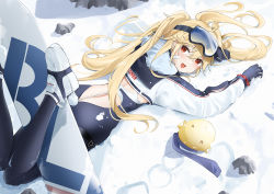 Rule 34 | 1girl, :d, ass, azur lane, bandaid, bandaid on face, black bodysuit, black gloves, blonde hair, bluecher (azur lane), bluecher (high-altitude head over heels) (azur lane), bodysuit, cropped jacket, fake tail, fang, feet up, from above, fur trim, gloves, goggles, goggles on head, jacket, long hair, long sleeves, looking at viewer, looking back, lying, manjuu (azur lane), median furrow, multicolored clothes, multicolored jacket, official alternate costume, on stomach, open mouth, outdoors, qing wu, rabbit tail, red eyes, smile, snow, snowboard, solo, tail, twintails, white footwear, white jacket