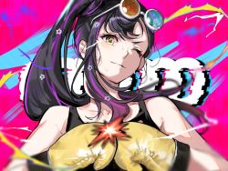 Rule 34 | 1girl, ;), black hair, boxing gloves, eyewear on head, hair ornament, hands up, hgsym123, multicolored hair, one eye closed, ponytail, project sekai, shiraishi an, smile, solo, yellow eyes