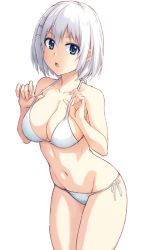 Rule 34 | 1girl, bikini, blue eyes, breasts, cleavage, date a live, fish.boy, grey hair, large breasts, looking at viewer, navel, open mouth, short hair, sideboob, solo, swimsuit, thick thighs, thighs, third-party edit, tobiichi origami, white bikini