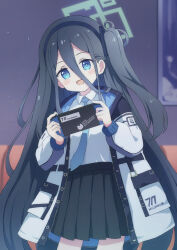 Rule 34 | 1girl, :d, aqua halo, aris (blue archive), black hair, black skirt, blue archive, blue eyes, blue hairband, blue jacket, blue necktie, blush, collared jacket, collared shirt, couch, cowboy shot, cowlick, green halo, hair between eyes, hairband, halo, handheld game console, high-waist skirt, highres, holding, holding handheld game console, indoors, jacket, long hair, long sleeves, looking at viewer, millennium science school logo, necktie, one side up, open clothes, open jacket, open mouth, pleated skirt, raised eyebrows, rectangular halo, ringed eyes, shirt, sidelocks, skirt, sleeve cuffs, smile, solo, two-sided fabric, two-sided jacket, tyakomes, very long hair, white jacket, white shirt