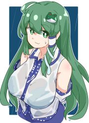 Rule 34 | 1girl, :3, be yu, blue skirt, bra visible through clothes, detached sleeves, frog, frog hair ornament, green eyes, green hair, hair ornament, hair tubes, highres, kochiya sanae, long hair, nontraditional miko, rain, see-through, see-through shirt, shirt, single hair tube, skirt, snake, snake hair ornament, solo, sweatdrop, touhou, upper body, wet, wet clothes, wet shirt