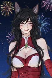 Rule 34 | 1girl, :d, absurdres, ahoge, ahri (league of legends), animal ears, artelsia, bare shoulders, black hair, breasts, cleavage, detached sleeves, facial mark, fang, fox ears, highres, large breasts, league of legends, long hair, open mouth, red shirt, red sleeves, shirt, smile, solo, star (symbol), starry background, teeth, upper body, whisker markings
