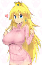 Rule 34 | 1girl, blonde hair, blue eyes, breasts, crown, dress, earrings, finger twirl, twirling hair, heart, huge breasts, impossible clothes, impossible sweater, jewelry, long hair, magister, mario (series), nintendo, playing with hair, playing with own hair, princess peach, red eyes, ribbed sweater, ribbed turtleneck sweater, simple background, smile, solo, sparkle, sweater, sweater dress, turtleneck, turtleneck sweater, very long hair, white background