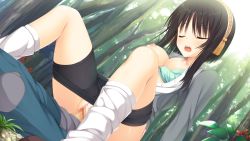 Rule 34 | 1boy, 1girl, bike shorts, bike shorts pull, black hair, blush, bra, bra pull, breasts, censored, clothes pull, dutch angle, closed eyes, forest, game cg, hetero, highres, hitachi mako, large breasts, mosaic censoring, muririn, nature, nipples, open clothes, open mouth, open shirt, outdoors, penis, pussy juice, saliva, senren banka, sex, shirt, solo focus, track suit, underwear, vaginal