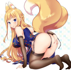 Rule 34 | 1girl, animal ear fluff, animal ears, ass, ass grab, bare shoulders, black garter straps, black panties, blonde hair, blue dress, blue eyes, blush, braid, breasts, brown thighhighs, china dress, chinese clothes, detached sleeves, dress, floral print, fox ears, fox tail, full body, garter straps, hair ornament, hand on own ass, large breasts, long hair, looking at viewer, looking back, miyano ururu, multiple tails, nail polish, no shoes, open mouth, original, panties, pink nails, pom pom (clothes), skindentation, smile, solo, string panties, tail, thighhighs, underwear, very long hair