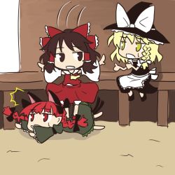 Rule 34 | 3girls, animal ears, braid, cat ears, cat girl, cat tail, denohito, female focus, flat color, hakurei reimu, hat, japanese clothes, kaenbyou rin, kirisame marisa, lowres, miko, multiple girls, outdoors, ribbon, skirt, tail, touhou, twin braids, twintails, witch, witch hat