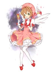 Rule 34 | 1girl, ahoge, blush, bow, brown hair, card, cardcaptor sakura, full body, gloves, green eyes, hat, high heels, holding, holding card, kinomoto sakura, looking at viewer, open mouth, pingo, puffy short sleeves, puffy sleeves, red bow, red hat, short hair, short sleeves, smile, solo, thighhighs, white gloves, white thighhighs