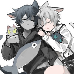 Rule 34 | 2897419513, 2boys, animal, animal ears, arknights, bishounen, black hair, cat, cat ears, cat tail, child, faust (arknights), fish, green eyes, jacket, male focus, mephisto (arknights), multiple boys, open mouth, shirt, short hair, shorts, sleeping, suspenders, tail, white hair, white shirt, yellow eyes