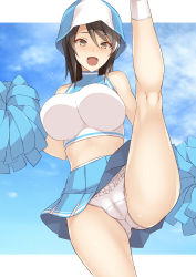 Rule 34 | 1girl, :d, ass, blue skirt, blue sky, breasts, brown hair, cameltoe, cheerleader, cloud, commentary request, crop top, day, girls und panzer, halterneck, hat, headwear request, highres, holding, holding pom poms, kneepits, large breasts, leg up, letterboxed, medium hair, mika (girls und panzer), miniskirt, nakamura yukitoshi, open mouth, panties, pleated skirt, pom pom (cheerleading), pom poms, sidelocks, skirt, sky, smile, socks, solo, split, standing, standing on one leg, standing split, swept bangs, thighs, underwear, white panties, white socks