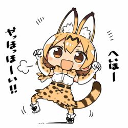 Rule 34 | 10s, 1girl, animal ears, cat ears, cat tail, chibi, claw pose, kanikama, kemono friends, lowres, open mouth, ribbon, serval (kemono friends), serval print, serval tail, simple background, skirt, smile, solo, tail, translated, white background