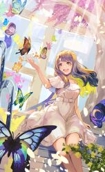 Rule 34 | 1girl, alternate costume, arm at side, arm up, bare shoulders, belt, birthday, blue butterfly, breasts, brown eyes, brown hair, bug, butterfly, collarbone, commentary request, conservatory, day, dress, falling leaves, feet out of frame, fingernails, flower, green butterfly, highres, idolmaster, idolmaster million live!, indoors, insect, large breasts, leaf, light rays, looking to the side, medium bangs, miyao miya, multicolored butterfly, off-shoulder dress, off shoulder, open mouth, orange butterfly, pink butterfly, purple butterfly, purple leaves, sitting, smile, swept bangs, takanome kiriri, teeth, tongue, tree, upper teeth only, white belt, white dress, window, yellow butterfly, yellow flower