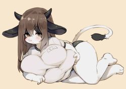 Rule 34 | 1girl, animal ears, barefoot, blue buruma, blush, breasts, brown background, brown eyes, brown hair, buruma, cow ears, cow horns, cow tail, embarrassed, extra breasts, furry, furry female, gym uniform, horns, kishibe, large breasts, long hair, lying, on side, original, shirt, shirt tug, simple background, solo, tail, tears, thighs, white shirt
