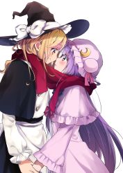 Rule 34 | 2girls, apron, black hat, black skirt, blonde hair, bow, capelet, commentary request, crescent, eye contact, from side, hat, hat bow, height difference, highres, holding hands, imminent kiss, kirisame marisa, long hair, long sleeves, looking at another, mob cap, multiple girls, patchouli knowledge, profile, purple eyes, purple hair, purple hat, red scarf, scarf, shared clothes, shared scarf, simple background, skirt, smile, touhou, vanilla (miotanntann), very long hair, waist apron, white background, white bow, witch hat, yellow eyes, yuri