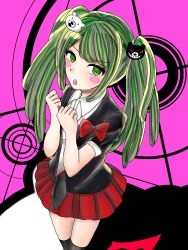 Rule 34 | 1girl, alternate costume, alternate hairstyle, bear hair ornament, black shirt, blush, bow, bowtie, child, clenched hands, collared shirt, danganronpa (series), danganronpa 3 (anime), green eyes, green hair, hair ornament, hands up, highres, kneehighs, long eyelashes, long hair, looking at viewer, necktie, neckwear request, open mouth, pink background, pleated skirt, red bow, red skirt, shirt, simple background, skirt, socks, tongue, towa monaca, twintails, white neckwear