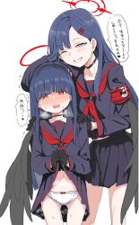 Rule 34 | 2girls, black gloves, black hair, black sailor collar, black serafuku, black shirt, black skirt, blue archive, blue eyes, blush, bow, bow panties, breasts, breath, clearite, clothes lift, gloves, halo, height difference, highres, ichika (blue archive), justice task force member (blue archive), large breasts, long hair, looking at viewer, multiple girls, neckerchief, open mouth, panties, pleated skirt, red bow, red eyes, red neckerchief, sailor collar, school uniform, serafuku, shirt, simple background, skirt, skirt lift, small breasts, smile, speech bubble, translated, underwear, white background, white panties