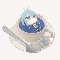 Rule 34 | 1girl, aruta (arutaego), azura cecillia, beige background, blue eyes, blue hair, bodysuit, commission, cup, floating, highres, mini person, minigirl, multicolored hair, nijisanji, nijisanji id, open mouth, outstretched arms, pink hair, second-party source, solo, spoon, streaked hair, sugar cube, teacup, virtual youtuber