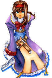 Rule 34 | 1girl, arms at sides, belt, bow, brown hair, coat, dress, gloves, green eyes, gun, hairband, handgun, long hair, ponytail, purple dress, red hairband, ribbon, sidelocks, simple background, sitting, smile, solo, verden, virginia maxwell, weapon, white background, wild arms, wild arms 3