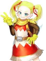 Rule 34 | 1girl, blonde hair, breasts, character request, commentary request, dragon quest, dragon quest builders 2, dress, hand on own hip, hyuu (sing-dog), looking at viewer, open mouth, simple background, smile, solo, white background