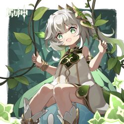 Rule 34 | 1girl, :d, blurry, bracelet, cape, commentary request, depth of field, detached sleeves, dress, forest, genshin impact, gradient hair, green eyes, grey hair, hair between eyes, hair ornament, highres, holding, jewelry, ling yu (15974115107), long hair, looking at viewer, multicolored hair, nahida (genshin impact), nature, open mouth, plant, pointy ears, short sleeves, side ponytail, sidelocks, sitting, slime (genshin impact), smile, stirrup legwear, symbol-shaped pupils, toeless legwear, vines, white dress