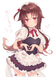 Rule 34 | 1girl, alternate costume, apron, blush, bow, brown hair, commentary request, cowboy shot, enmaided, gyozanuko, hair bow, heart, heart hands, highres, long hair, looking at viewer, maid, maid headdress, neck ribbon, one side up, red eyes, red ribbon, ribbon, ryuuou no oshigoto!, sketch, smile, solo, thighhighs, translation request, white background, white thighhighs, yashajin ai