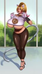 Rule 34 | 1girl, animal ears, animal print, bell, neck bell, black footwear, black pants, bra, breasts, brown hair, cat ears, cat girl, cat tail, claw pose, collar, collarbone, curvy, extra ears, fingerless gloves, gloves, green eyes, heart, heart print, high heels, highres, huge breasts, lion print, long hair, looking at viewer, midriff, multicolored hair, nail polish, navel, pants, pink hair, pointy ears, ponytail, print gloves, print shirt, sandals, shirt, short sleeves, sky, solo, standing, tail, tree, two-tone hair, underboob, underwear, v1mpaler, white bra, white gloves, white shirt, wide hips