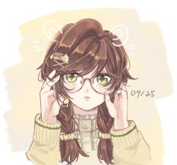 Rule 34 | + +, 1girl, bear hair ornament, braid, brown-framed eyewear, brown background, brown hair, brown sweater, commentary request, dated, glasses, hair ornament, hair over shoulder, hands up, long hair, long sleeves, looking at viewer, low twintails, parted lips, puffy long sleeves, puffy sleeves, remosea, rosa (tears of themis), solo, sweater, tears of themis, twin braids, twintails, two-tone background, upper body, white background, x hair ornament, yellow eyes