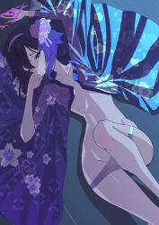 Rule 34 | 1girl, blue archive, clothes pull, flower, groin, hair flower, hair ornament, haruka (blue archive), its2h35, lying, on back, panties, purple eyes, smile, solo, tagme, underwear, white panties