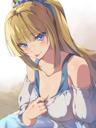Rule 34 | 1girl, bare shoulders, blonde hair, blouse, blue eyes, blunt bangs, blush, breasts, chiharu (9654784), cleavage, clothes pull, collarbone, commentary request, detached sleeves, frilled sleeves, frills, highres, karuizawa kei, long hair, looking at viewer, medium breasts, ponytail, pulled by self, scrunchie, shirt, shirt pull, sidelocks, solo, tank top, teasing, tongue, tongue out, upper body, white shirt, youkoso jitsuryoku shijou shugi no kyoushitsu e