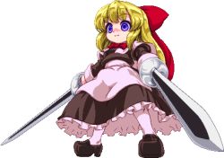Rule 34 | 1girl, blonde hair, dual wielding, female focus, full body, goliath doll, hair ribbon, heaven-moon, holding, long hair, lowres, ribbon, shoes, solo, standing, sword, touhou, transparent background, weapon