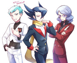 Rule 34 | 3boys, archer (pokemon), belt, belt buckle, black hair, black shirt, buckle, buttons, collared shirt, commentary request, covered navel, creatures (company), crossed arms, game freak, green hair, grimsley (pokemon), hair over one eye, highres, jacket, long sleeves, lucian (pokemon), male focus, momoji (lobolobo2010), multiple boys, nintendo, pants, parted lips, pokemon, pokemon bw, pokemon hgss, red jacket, red pants, scarf, shirt, short hair, silver hair, smile, team rocket, team rocket uniform, translation request, white pants, yellow scarf