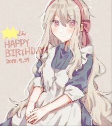Rule 34 | 1girl, 2019, apron, blue dress, blurry, bow, closed mouth, collared dress, commentary, dated, dress, english text, frilled apron, frills, hair between eyes, hair bow, hair over shoulder, hairband, happy birthday, highres, jewelry, kagerou project, key, kozakura marry, light blush, light smile, long hair, looking at viewer, mekakucity actors, muuta04, necklace, own hands together, pink bow, pink eyes, pink hairband, simple background, sleeve cuffs, sleeves past wrists, solo, star (symbol), upper body, wavy hair, white apron, white hair