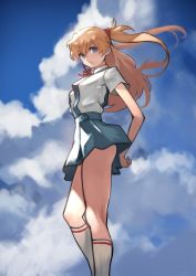 Rule 34 | 1girl, arms behind back, ass, blue eyes, cloud, cloudy sky, day, from side, frown, hairpods, highres, kneehighs, looking at viewer, looking to the side, neon genesis evangelion, orange hair, outdoors, school uniform, short sleeves, skinny, sky, socks, solo, souryuu asuka langley, standing, tokyo-3 middle school uniform, two side up, white socks, yoshio (55level)