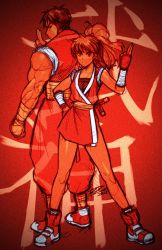 Rule 34 | 1boy, 1girl, back-to-back, bad id, bad tumblr id, bare legs, capcom, final fight, fingerless gloves, fishnets, frown, genryuusai maki, gloves, guy (final fight), highres, muscular, ninja, robaato, shoes, sneakers, street fighter, tonfa, weapon