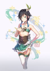 Rule 34 | 1boy, adapted costume, bandeau, bare arms, bare shoulders, black bow, black hair, blue hair, bow, braid, choker, closed mouth, collarbone, commentary, corset, covered navel, cropped legs, flower, frilled skirt, frills, garter straps, genshin impact, gradient hair, green choker, green eyes, green skirt, hair flower, hair ornament, hand on own hip, hand on own chest, hand up, highres, instagram username, kyouran de onikoushi, lofter username, looking at viewer, male focus, multicolored hair, short hair with long locks, side braids, skirt, smile, solo, standing, thighhighs, trap, tumblr username, twin braids, twitter username, venti (genshin impact), watermark, white background, white bow, white flower, white thighhighs, wristband