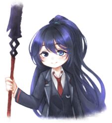 Rule 34 | 1boy, aq matori, black hair, black jacket, black vest, blue eyes, closed mouth, collared shirt, commentary, guan dao, heterochromia, holding, holding polearm, holding weapon, hong lu (project moon), jacket, limbus company, long hair, long sleeves, looking at viewer, male focus, necktie, open clothes, open jacket, polearm, ponytail, project moon, red necktie, shirt, smile, solo, spear, upper body, vest, weapon, white background, white shirt