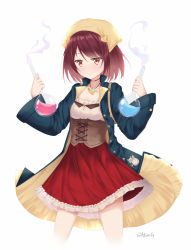 Rule 34 | 1girl, atelier (series), atelier sophie, bad id, bad pixiv id, blue coat, blush, breasts, brown eyes, brown hair, closed mouth, coat, collarbone, commentary request, corset, cowboy shot, flask, frilled skirt, frills, hands up, head scarf, holding, jewelry, long sleeves, open clothes, open coat, pendant, pleated skirt, puririn, red skirt, round-bottom flask, shirt, signature, skirt, small breasts, smile, smoke, solo, sophie neuenmuller, twitter username, white shirt, wide sleeves