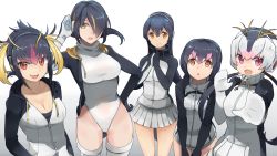 Rule 34 | 10s, 5girls, :d, black hair, blush, breasts, cleavage, emperor penguin (kemono friends), gentoo penguin (kemono friends), green eyes, hair over one eye, hand on own hip, highres, hood, hooded jacket, hsin, humboldt penguin (kemono friends), jacket, kemono friends, large breasts, leotard, long hair, looking at viewer, multicolored hair, multiple girls, open mouth, orange eyes, penguins performance project (kemono friends), pink hair, pleated skirt, ponytail, purple eyes, rockhopper penguin (kemono friends), royal penguin (kemono friends), short hair, simple background, skirt, smile, thighhighs, white background, white hair, white legwear, yellow eyes