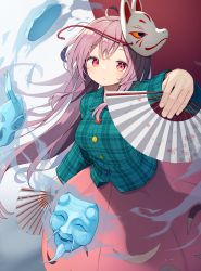 Rule 34 | 1girl, absurdres, ahoge, closed mouth, commentary request, fox mask, green shirt, hand fan, hata no kokoro, highres, holding, holding fan, huge filesize, long hair, long sleeves, looking at viewer, mamemochi, mask, mask on head, pink eyes, pink hair, pink skirt, plaid, plaid shirt, shirt, skirt, solo, touhou