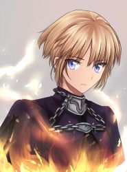 Rule 34 | 1girl, alternate hair length, alternate hairstyle, blonde hair, blue eyes, colorized, fate/apocrypha, fate (series), fire, fire, jeanne d&#039;arc (fate), jeanne d&#039;arc (ruler) (fate), reverse trap, short hair, solo, tusia