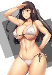 Rule 34 | 1girl, arm behind back, arm up, bikini, black hair, blunt bangs, breasts, brown eyes, collarbone, commission, contrapposto, covered erect nipples, eyepatch, jormungand (manga), large breasts, long hair, looking to the side, navel, open mouth, side-tie bikini bottom, smile, sofia valmer, solo, standing, swimsuit, teeth, thighs, tony guisado, underboob, wet, white bikini