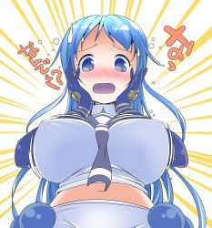 Rule 34 | 10s, 1girl, alternate breast size, blue eyes, blue hair, blush, bouncing breasts, breasts, commentary request, elbow gloves, emphasis lines, covered erect nipples, from below, gloves, hands on own face, kantai collection, large breasts, long hair, navel, necktie, nose blush, open mouth, samidare (kancolle), solo, sweatdrop, translated, upper body, white background, yamaneko suzume