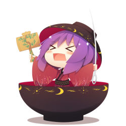 Rule 34 | &gt; &lt;, 1girl, bad id, bad pixiv id, beni shake, bowl, bowl hat, closed eyes, hat, japanese clothes, mallet, mini person, minigirl, miracle mallet, needle, open mouth, purple hair, short hair, solo, sukuna shinmyoumaru, touhou, white background
