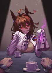 1girl 1other absurdres agnes_tachyon_(umamusume) ahoge black_necktie black_shirt breast_rest breasts breasts_on_table brown_hair chemical_structure coat coffee collared_shirt cuffs cup earrings hair_between_eyes highres holding holding_test_tube horse_girl huge_ahoge jewelry lab_coat large_breasts long_sleeves medium_hair mitochondrion necktie open_clothes open_coat parted_lips plate pov red_eyes shackles shaded_face shirt short_necktie single_earring sleeves_past_fingers sleeves_past_wrists smile smoke solo steam sweater table test_tube twitter_username umamusume white_coat yellow_sweater