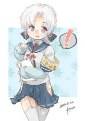 Rule 34 | 1girl, absurdres, armband, artist name, blue sailor collar, blue skirt, brown eyes, clipboard, commentary request, cosplay, dated, fyuo, garter straps, glasses, grey hair, highres, hip vent, hirato (kancolle), kantai collection, looking at viewer, necktie, one-hour drawing challenge, ooyodo (kancolle), ooyodo (kancolle) (cosplay), pleated skirt, red necktie, sailor collar, school uniform, serafuku, short hair, skirt, solo, thighhighs, translation request, wavy hair, white thighhighs